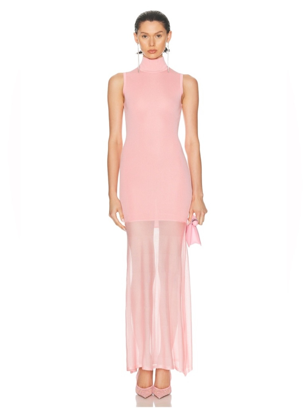 Sleeveless High-Neck Pink Maxi Dress with Sheer Skirt